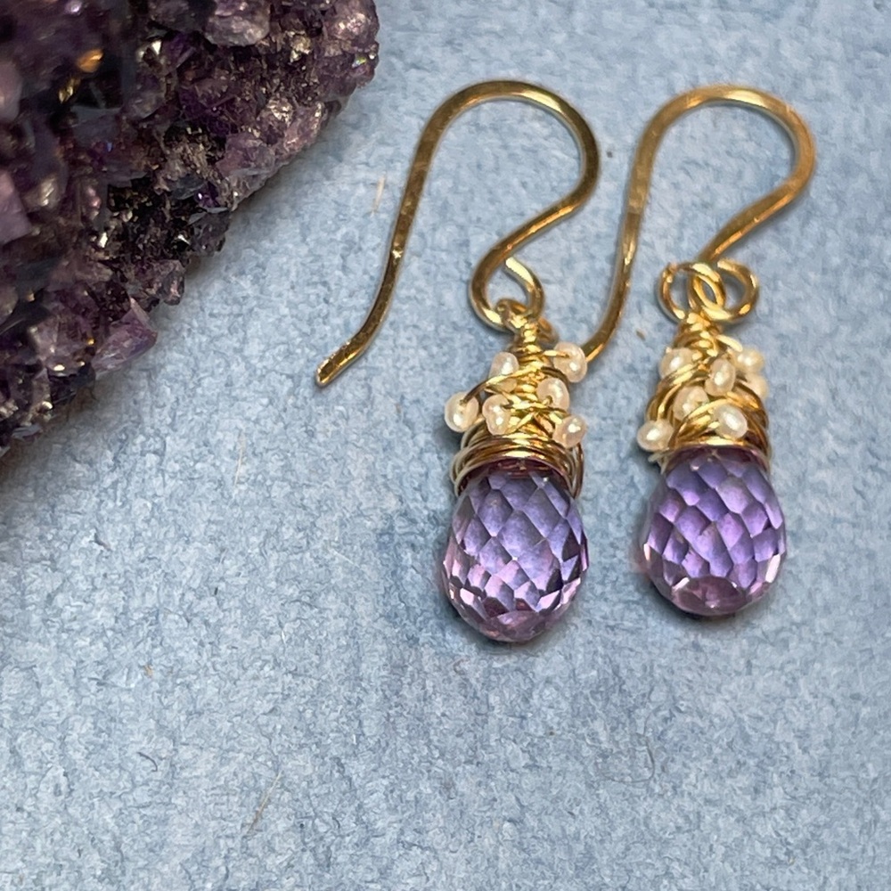Alexandrite Crystals And Pearls Artisan Earrings 14K Gold Filled - Picture 12 of 16